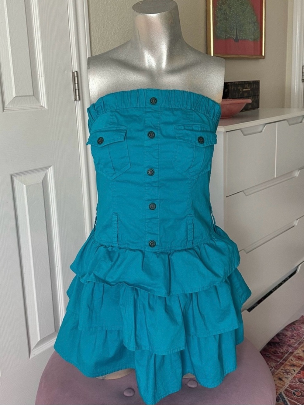 Body Central Y2K Teal Ruffle Strapless Mini Dress